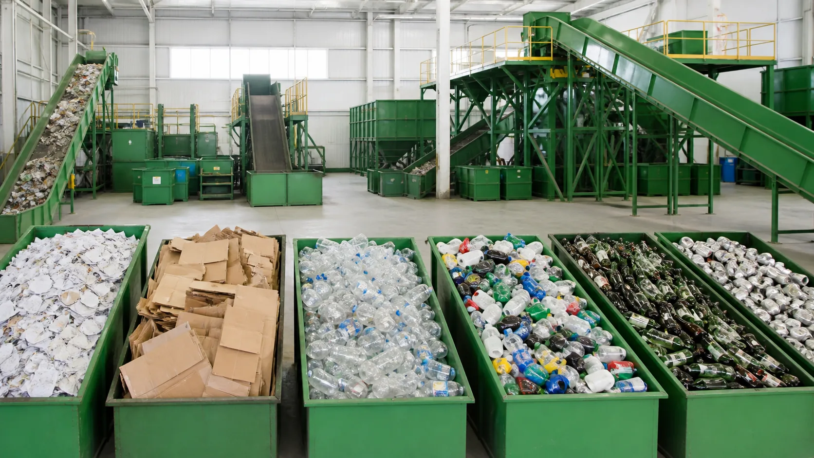 Separated paper, plastic, metal and glass recycling streams
